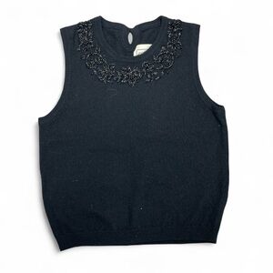 Croquet Club Lambs Wool Black Sleeveless Sweater Top with Beaded Neckline